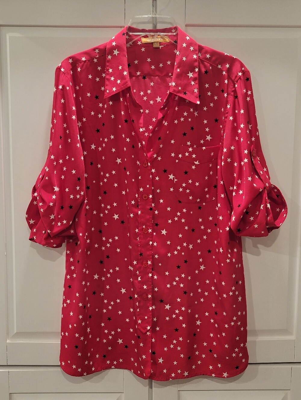 Ellen Tracy Vibrant Rosy Red Star-Print Button Down Shirt Size Large